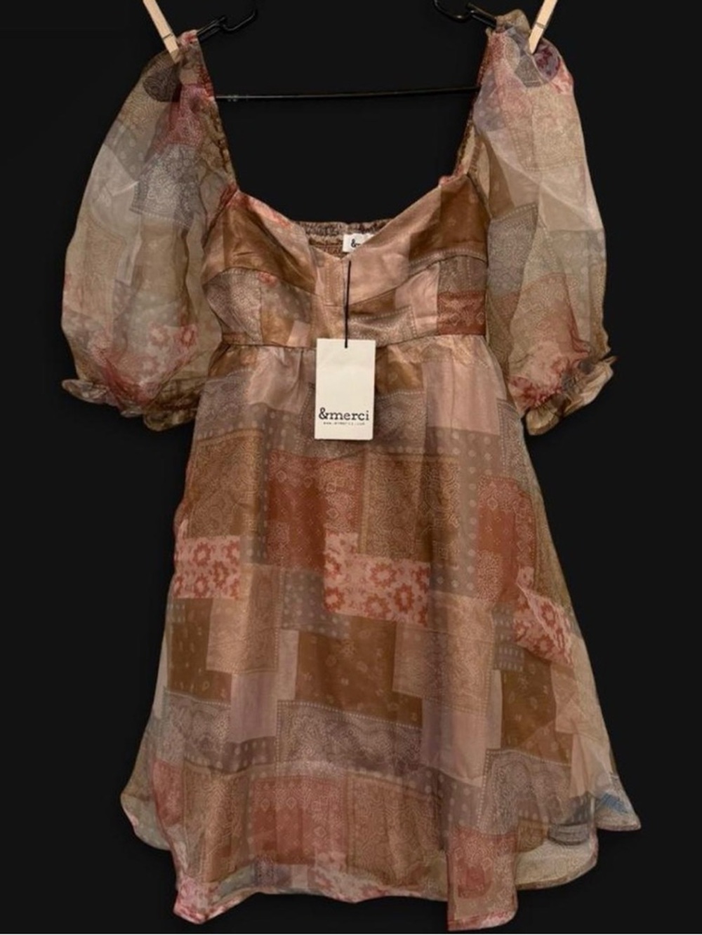 &merci Patchwork Puff Sleeve Mini Dress in Earth Tones